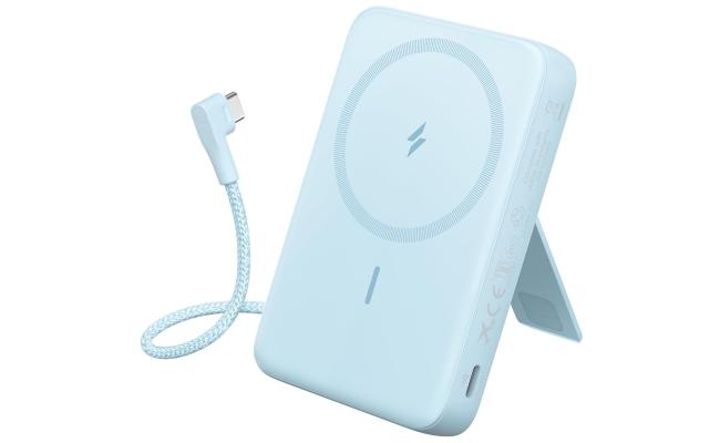 Anker Zolo Magnetic Power Bank, 10,000mAh Wireless Portable Charger with 30W Max Fast Charging, Battery Pack with Built-in USB-C Cable and Adjustable Stand, for iPhone 16/15 Series, AirPods - Blue